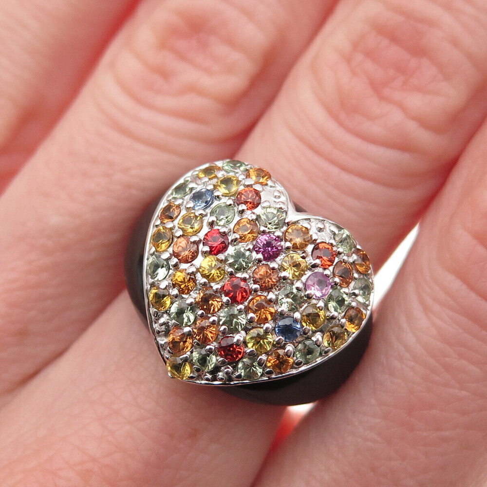 SKJ Sheridan Kennedy 925 Sterling Real Multi-Sapphire Onyx Heart Ring Size 6.25